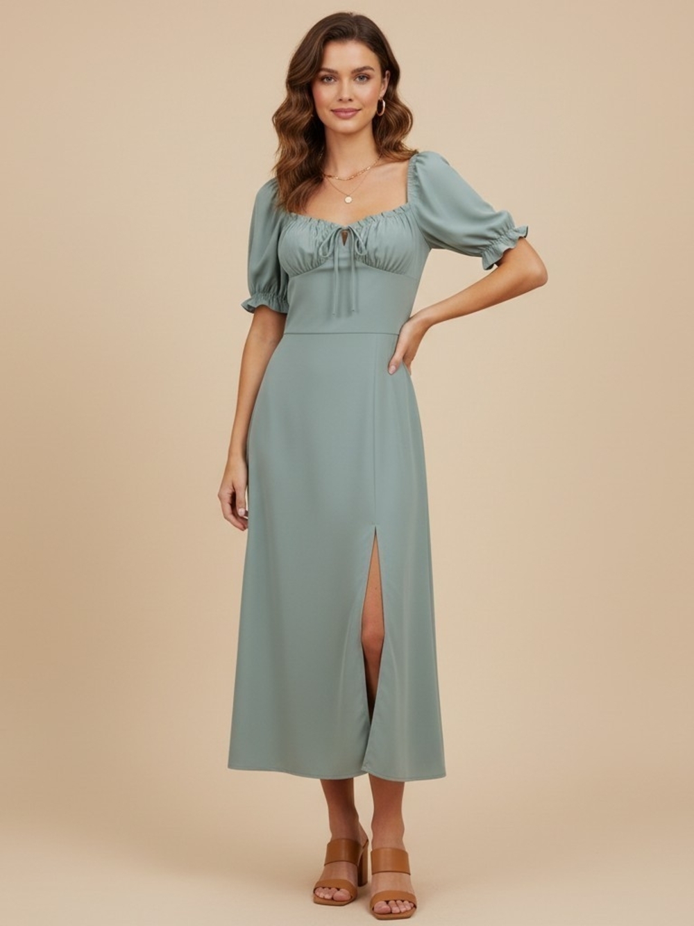 NWT Lichi Milkmaid Midi Dress Sage Green Puff Sleeve High Slit Cottagecore Small